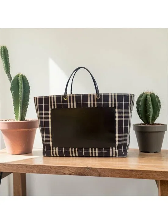 VTG Burberry Nova Check Tote XL Black Leather Cotton Canvas Open Top Bag Italy - Picture 1 of 10